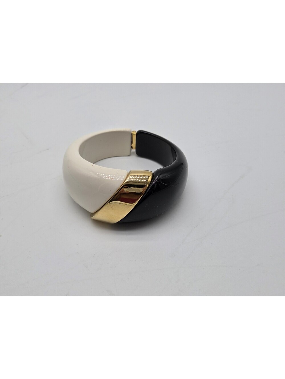 Black White Hinged Cuff Bracelet Gold Tone Accent Wide Bangle Statement Fashion